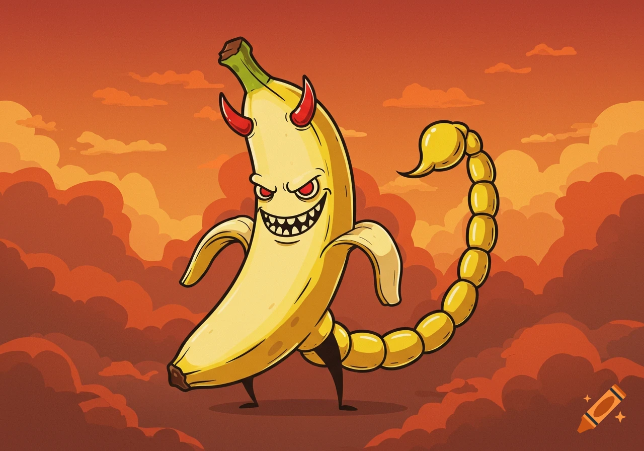 A cartoon demon banana with red horns, sharp teeth, and a yellow scorpion tail stands against an orange, cloudy sky.