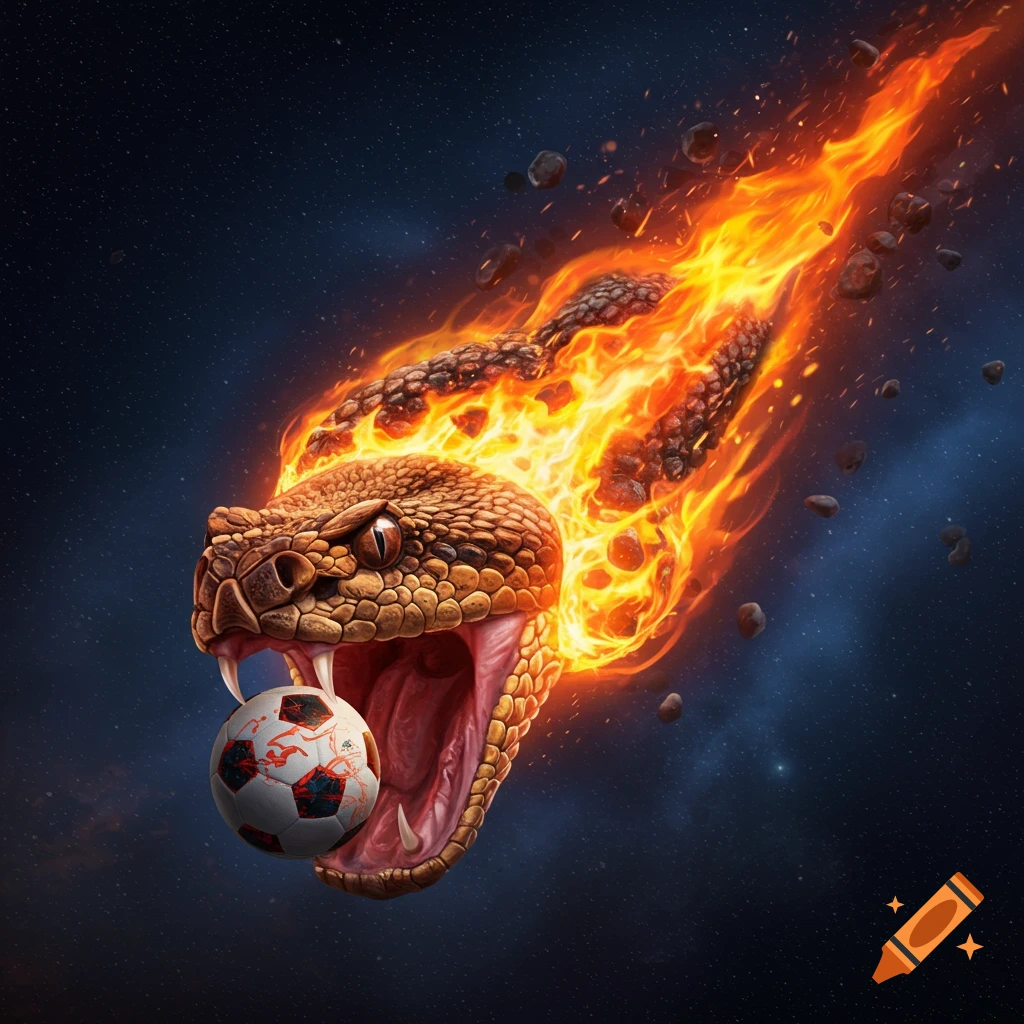 A fiery rattlesnake head, resembling a meteor with a flaming tail, holds a soccer ball in its open mouth against a starry space background.
