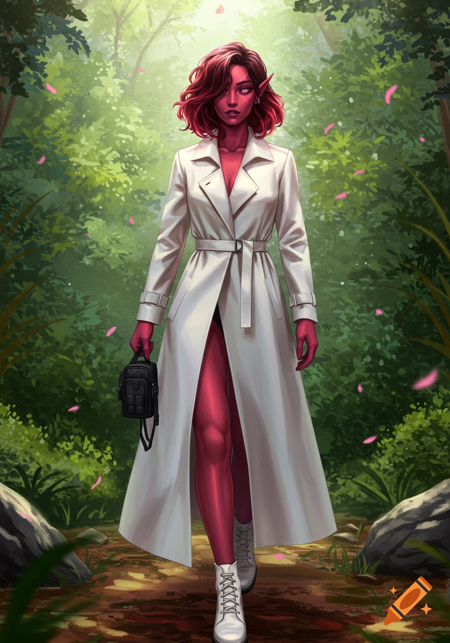 A red-skinned elf woman with pink eyes and red hair walks down a forest path, wearing a white trench coat and white boots, carrying a black tactical purse. Digital art style.