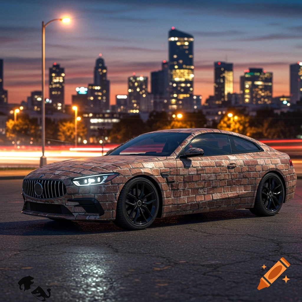 Photorealistic car with a brick wall wrap parked on a city street at dusk, city skyline behind.