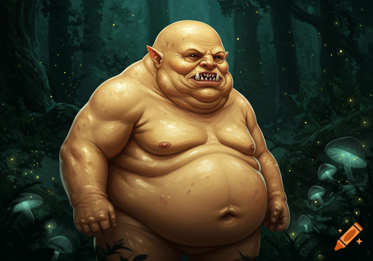 A bald, ivory-yellow, fat creature with sharp teeth and large ears stands in a dark fantasy forest with glowing mushrooms.