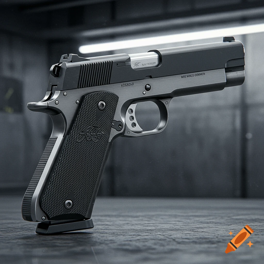 A highly detailed, photorealistic close-up of a dark grey and black pistol with textured grips, against a blurred industrial background.