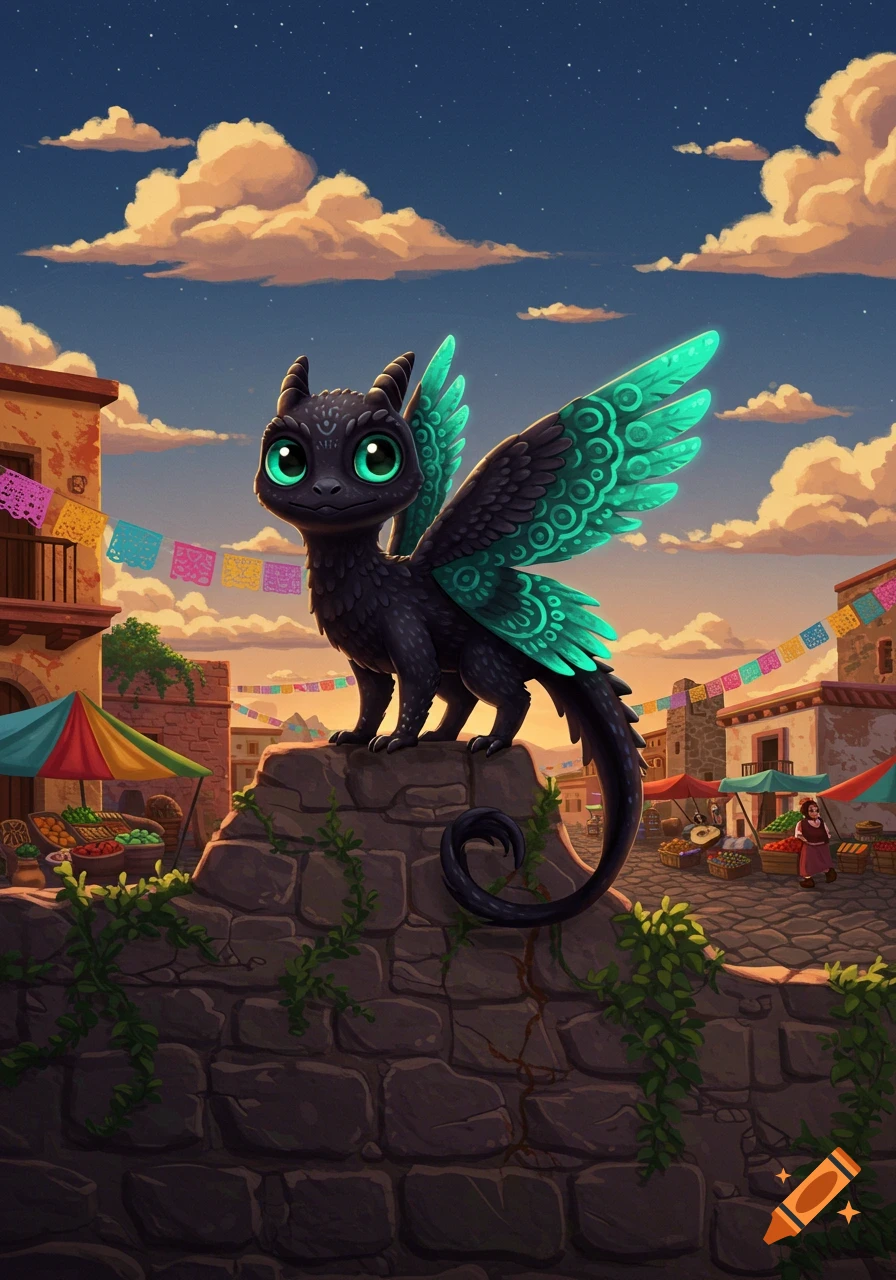A cute black dragon with glowing green eyes and teal wings sits on a stone wall in a colorful Mexican-style market at sunset, illustration.