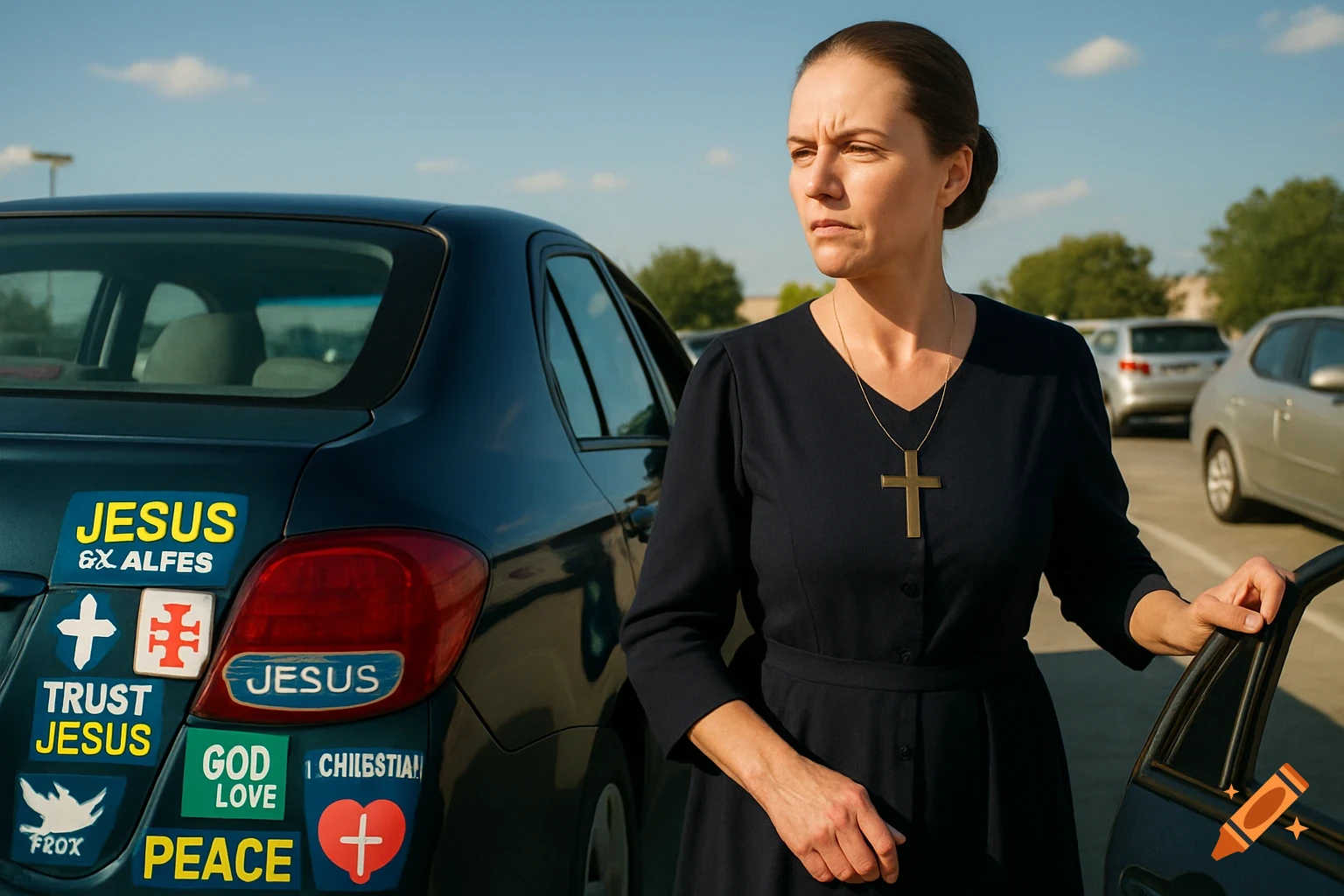 A photorealistic image of a woman in a black dress with a cross necklace, standing next to a dark car in a parking lot. The car's rear is covered in various Christian bumper stickers.