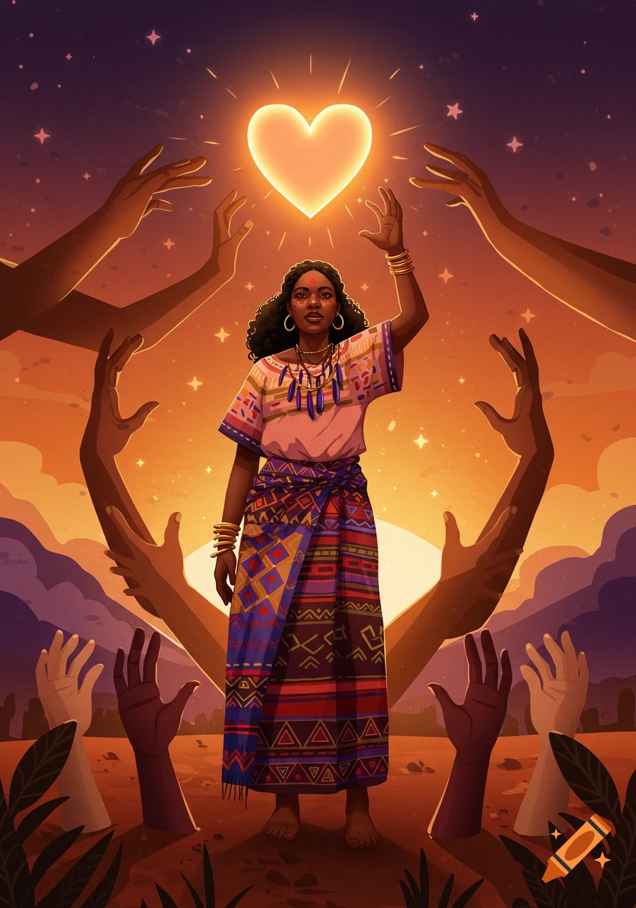 Digital illustration of a woman in traditional patterned clothing standing under a glowing heart in the sky, surrounded by reaching hands.