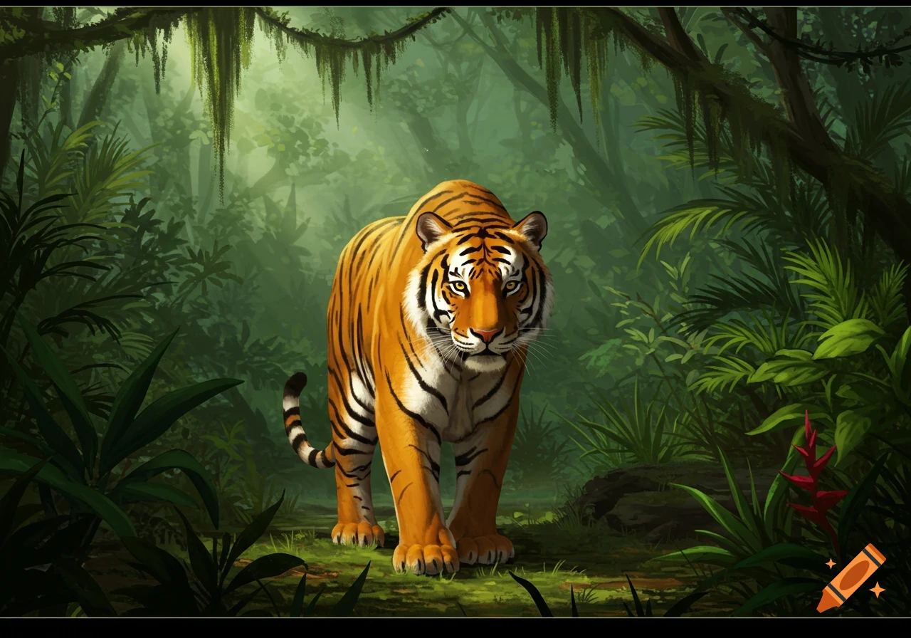A majestic tiger walks towards the viewer in a lush green jungle, bathed in dappled sunlight. Illustrated.