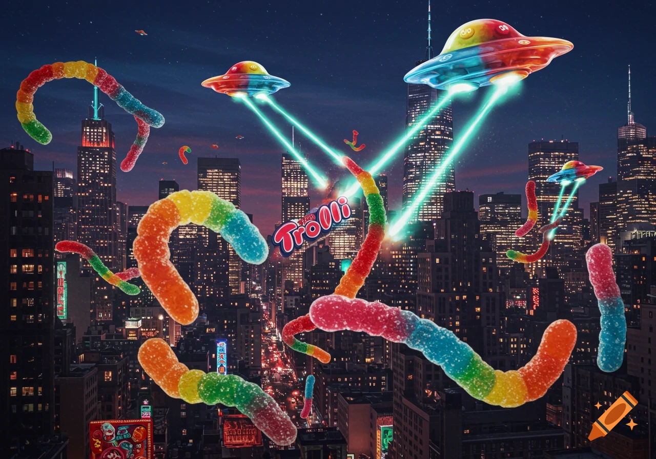 Giant rainbow gummy worms and colorful Skittles-like UFOs battle over a nighttime New York City skyline.