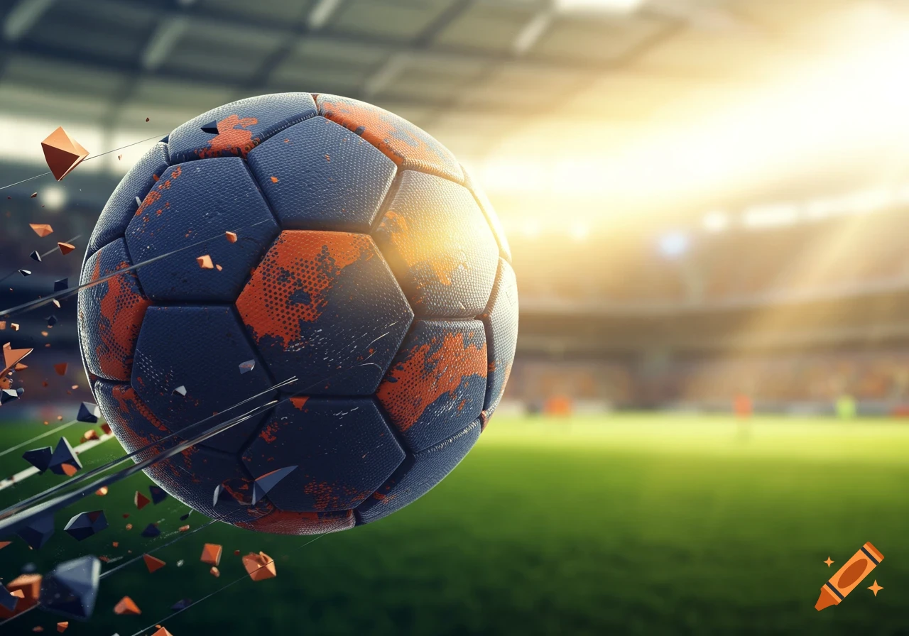 A dark blue and orange soccer ball with a splatter design flying over a green field in a sunny stadium.
