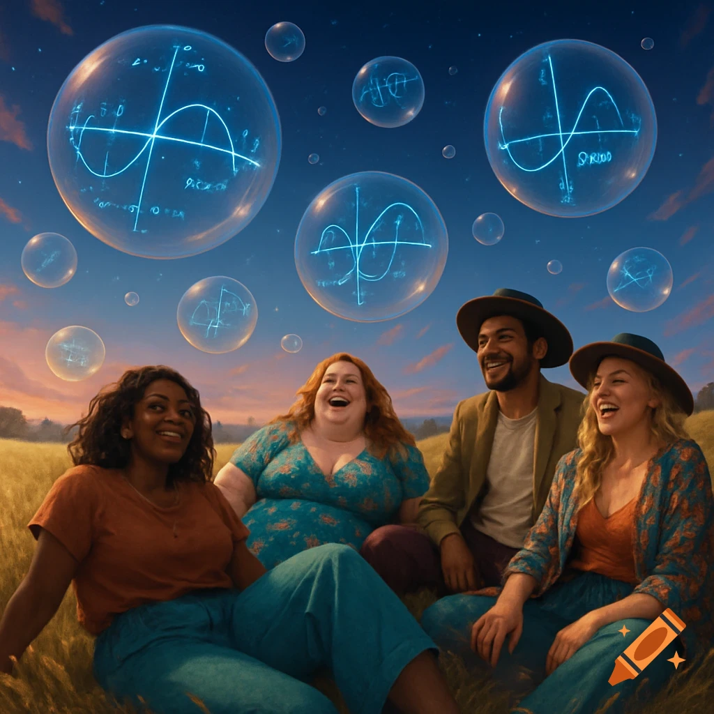 Four diverse people laughing in a grassy field with glowing bubbles containing mathematical graphs floating in the sky.