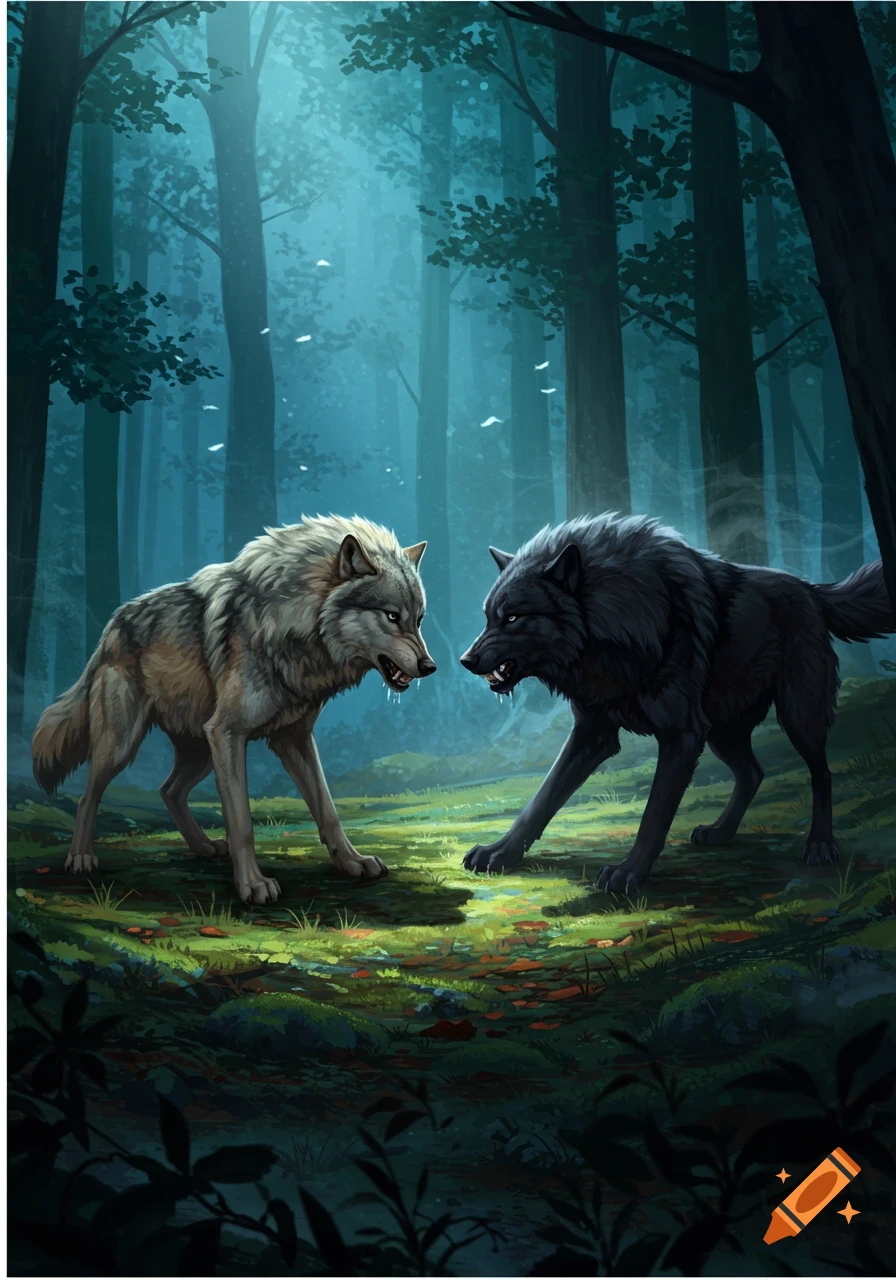 Two snarling wolves, one grey and one black, face off in a dark, misty forest, rendered in a detailed digital painting style.