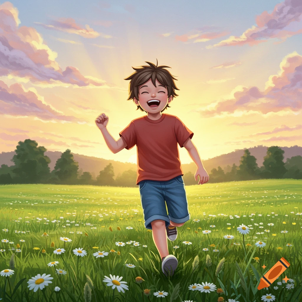 A happy, illustrated boy with messy hair laughs as he runs through a sun-drenched field of daisies at sunset.