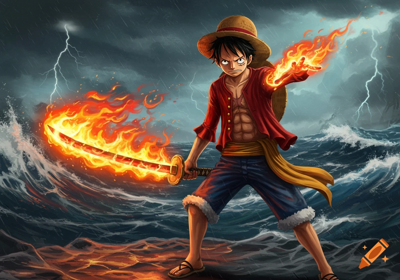 Luffy, an anime character, stands fiercely in a stormy sea with lightning, wielding a flaming katana and radiating fire from his hand.