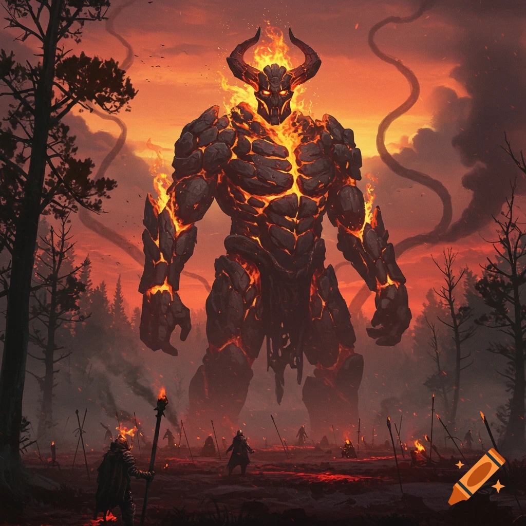 A colossal, horned fire giant made of glowing rock and lava stands in a dark, smoky forest at sunset, with small figures below.