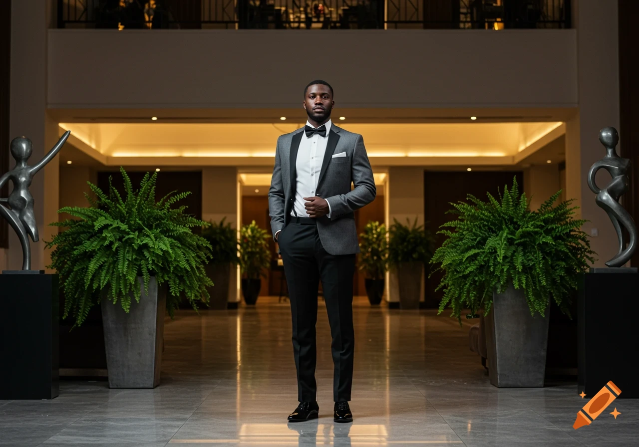 A man in a gray suit jacket, white shirt, black bow tie, and black pants stands in an elegant lobby with potted plants and sculptures.