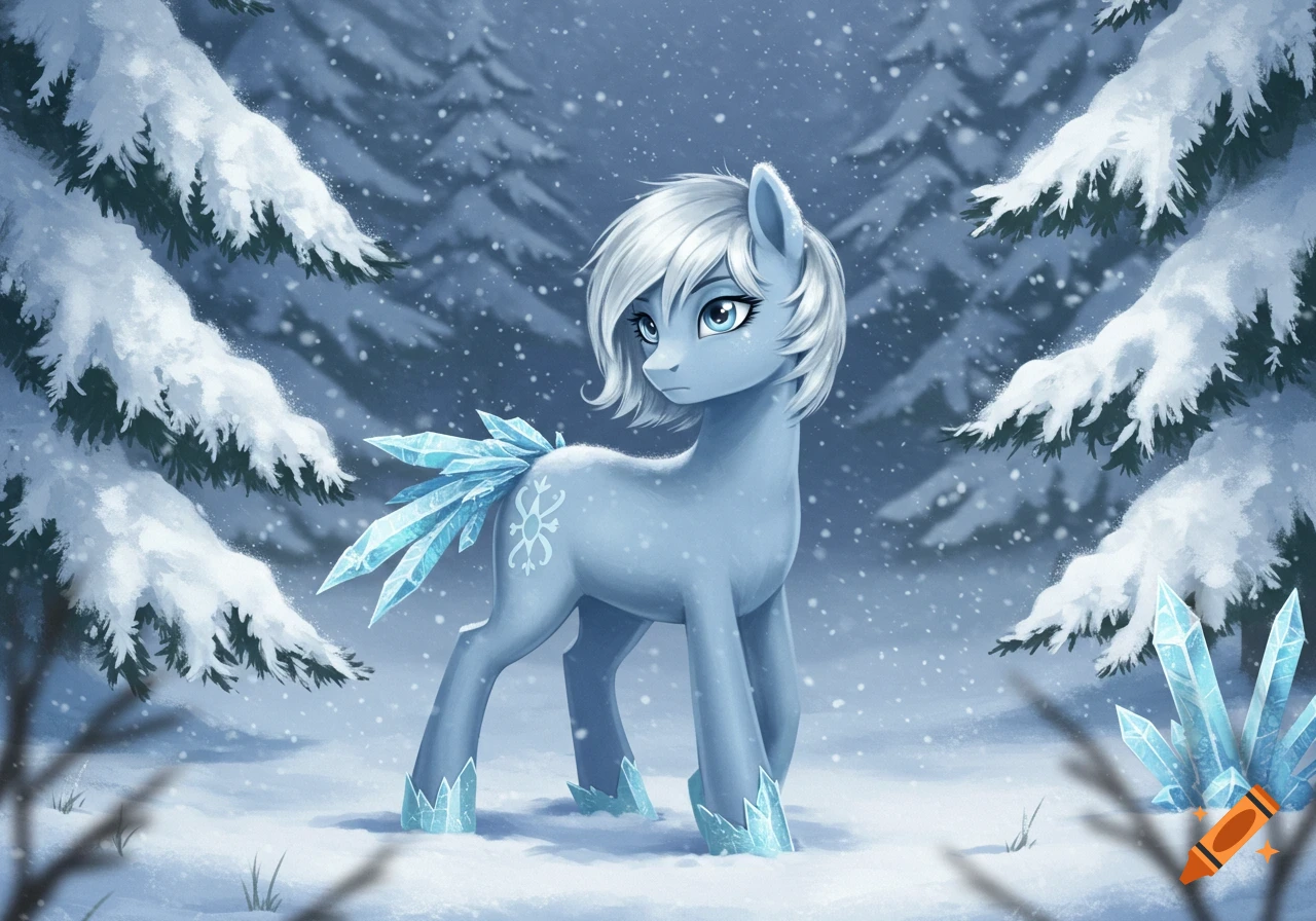 Light blue My Little Pony character with white mane and ice crystals, standing in a snowy forest.