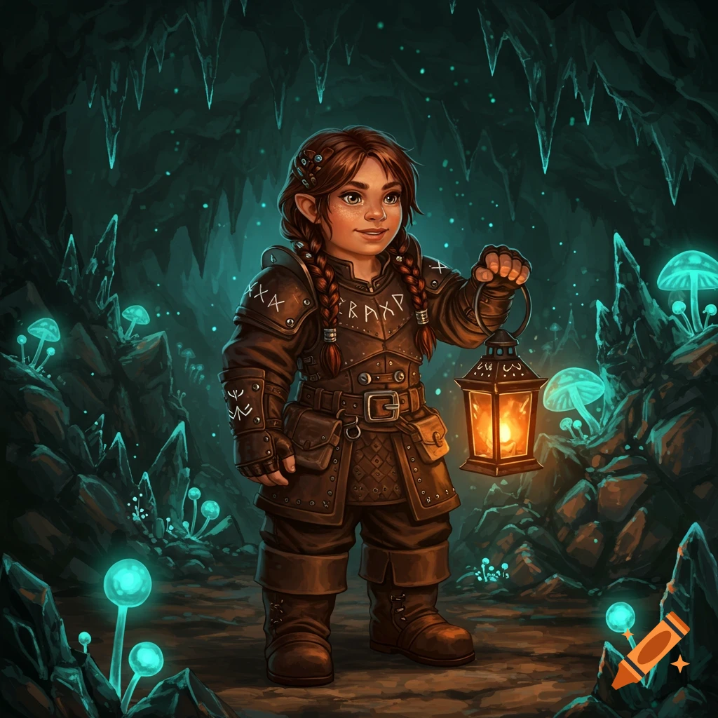 A cheerful female dwarf with braided red hair in leather armor holds a lantern in a glowing cave with turquoise mushrooms and crystals.