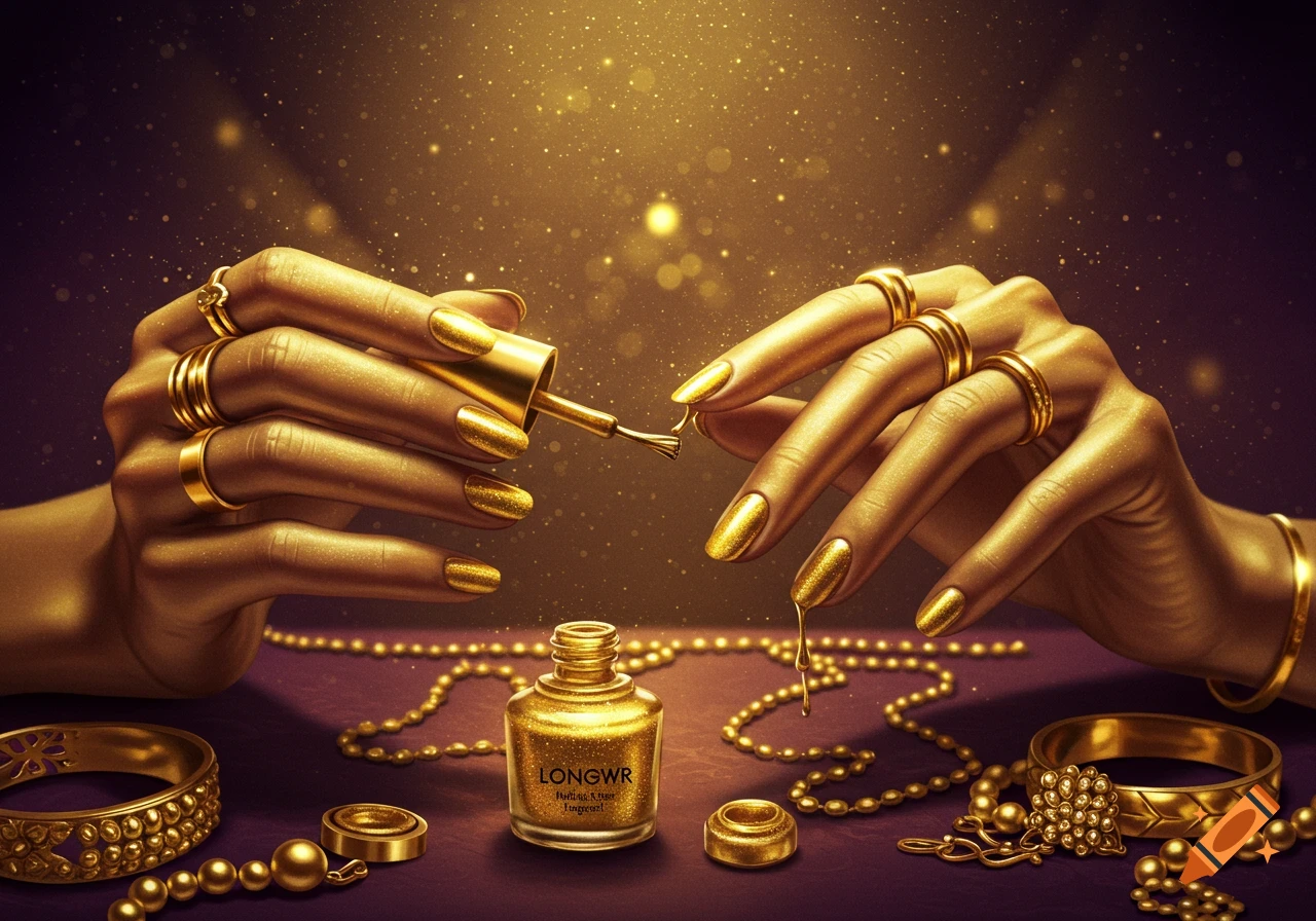 Two golden hands, adorned with rings, applying glittery gold nail polish from a bottle amidst gold jewelry and sparkling particles.