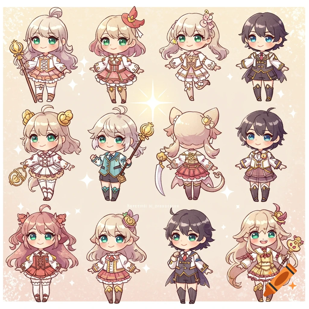 A grid of twelve adorable chibi anime characters, featuring various outfits and hairstyles.