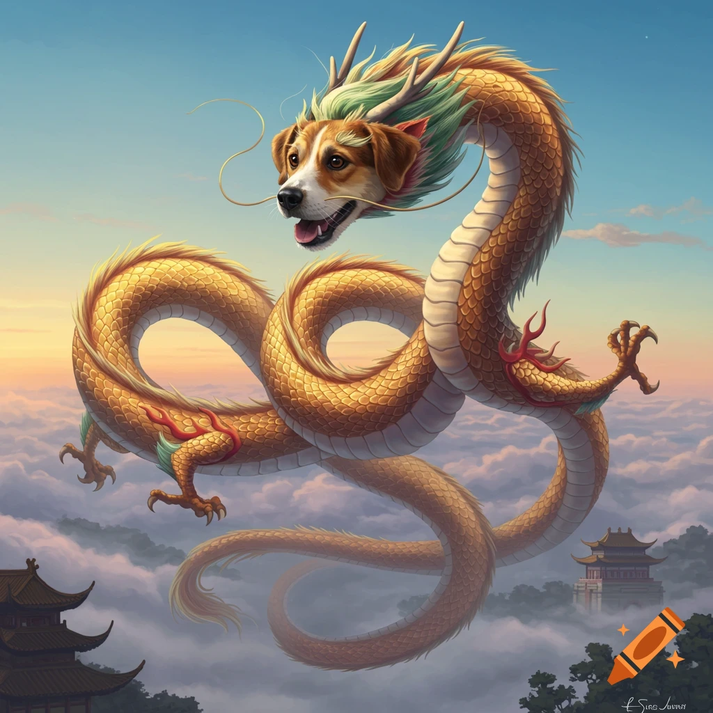 A golden Chinese dragon with a happy dog's head flies above clouds with traditional temples in the distance at sunset.