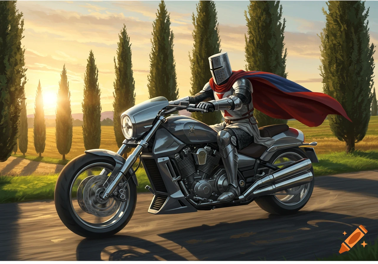 Crusader knight in armor and red cape rides a motorcycle on a cypress-lined road at sunset, illustration.