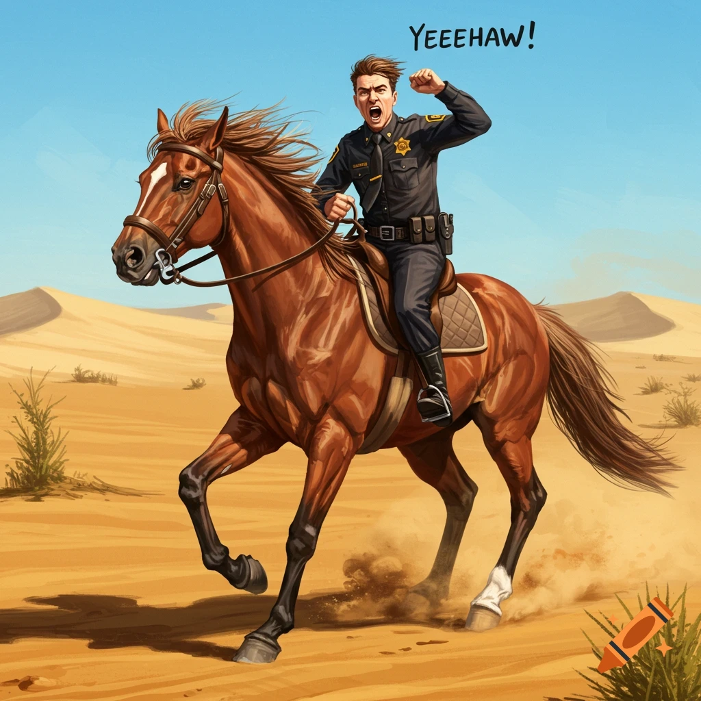 An illustrated security officer rides a brown horse through a desert, shouting "YEEEHAW!"