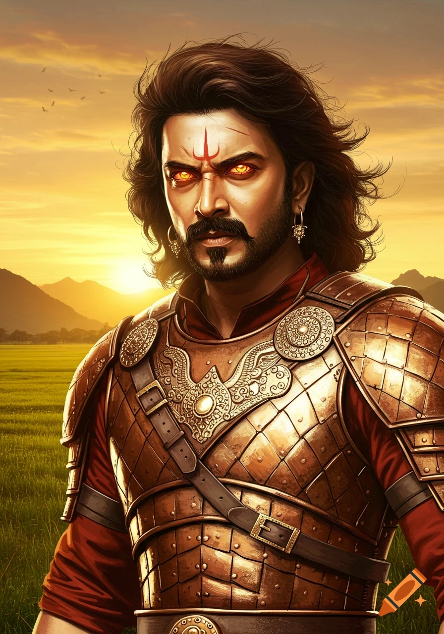 An intense warrior with glowing orange eyes, a red tilak, long dark hair, and a beard, wearing ornate gold armor against a sunset background.
