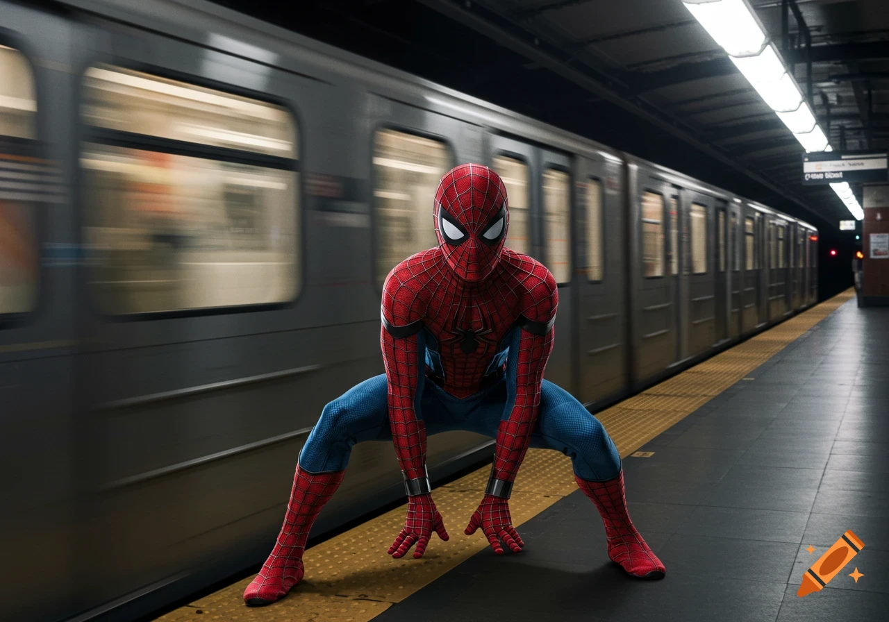Spider-Man crouches on a subway platform as a blurry train speeds by.