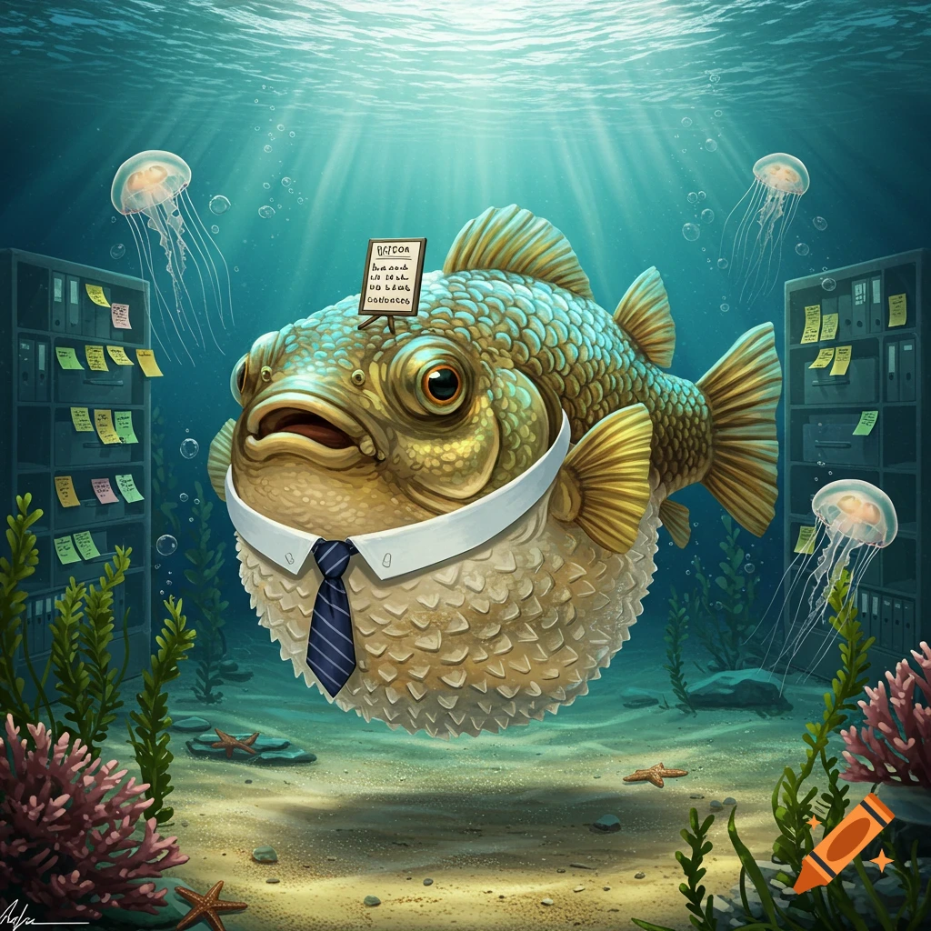 A blowfish in a shirt and tie holds a small sign while floating underwater amongst jellyfish, office cabinets, and coral.