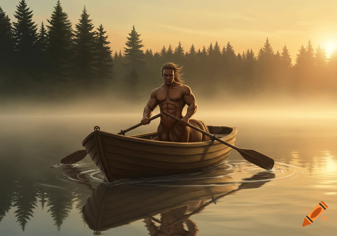 A muscular centaur paddles a wooden rowboat on a misty lake at sunrise with a dark forest in the background, digital painting.
