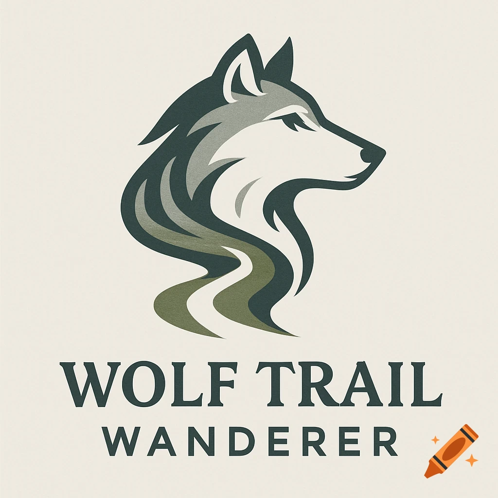 A minimalist graphic design logo of a stylized wolf head in profile, with its neck and chest forming a winding trail, above the text "WOLF TRAIL WANDERER".