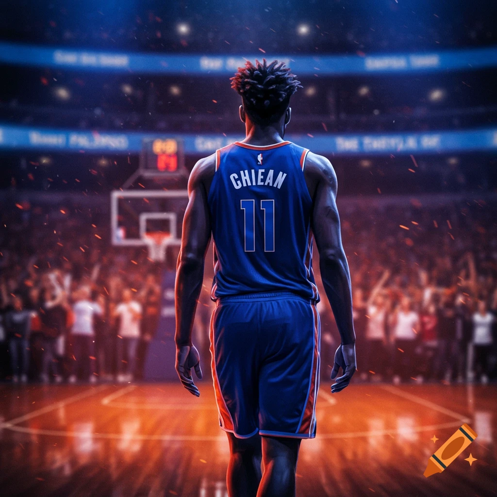 A basketball player wearing a blue 'CHIEAN 11' jersey walks away from the camera on a lit court with a cheering crowd.