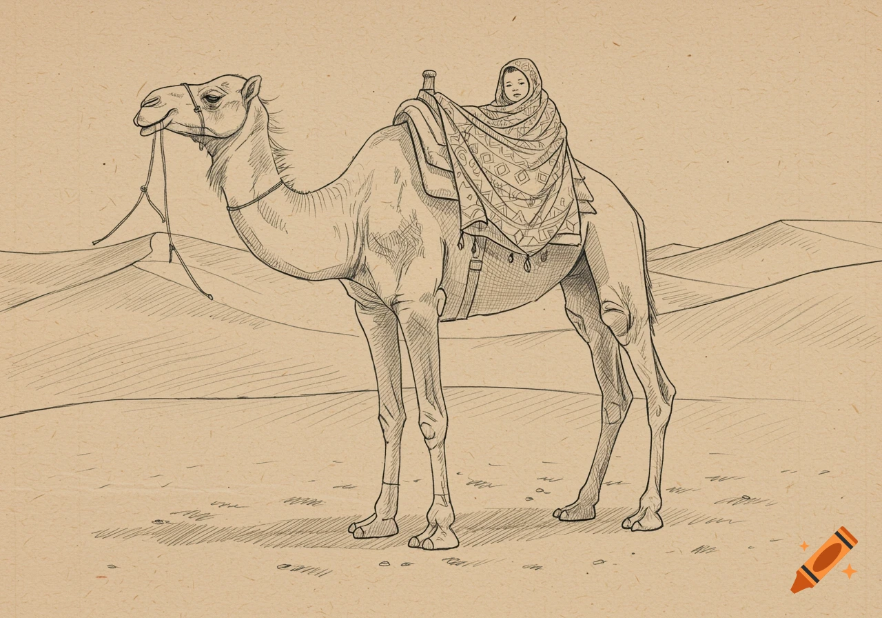 A detailed pencil sketch of a camel carrying a child on its back in a desert landscape.