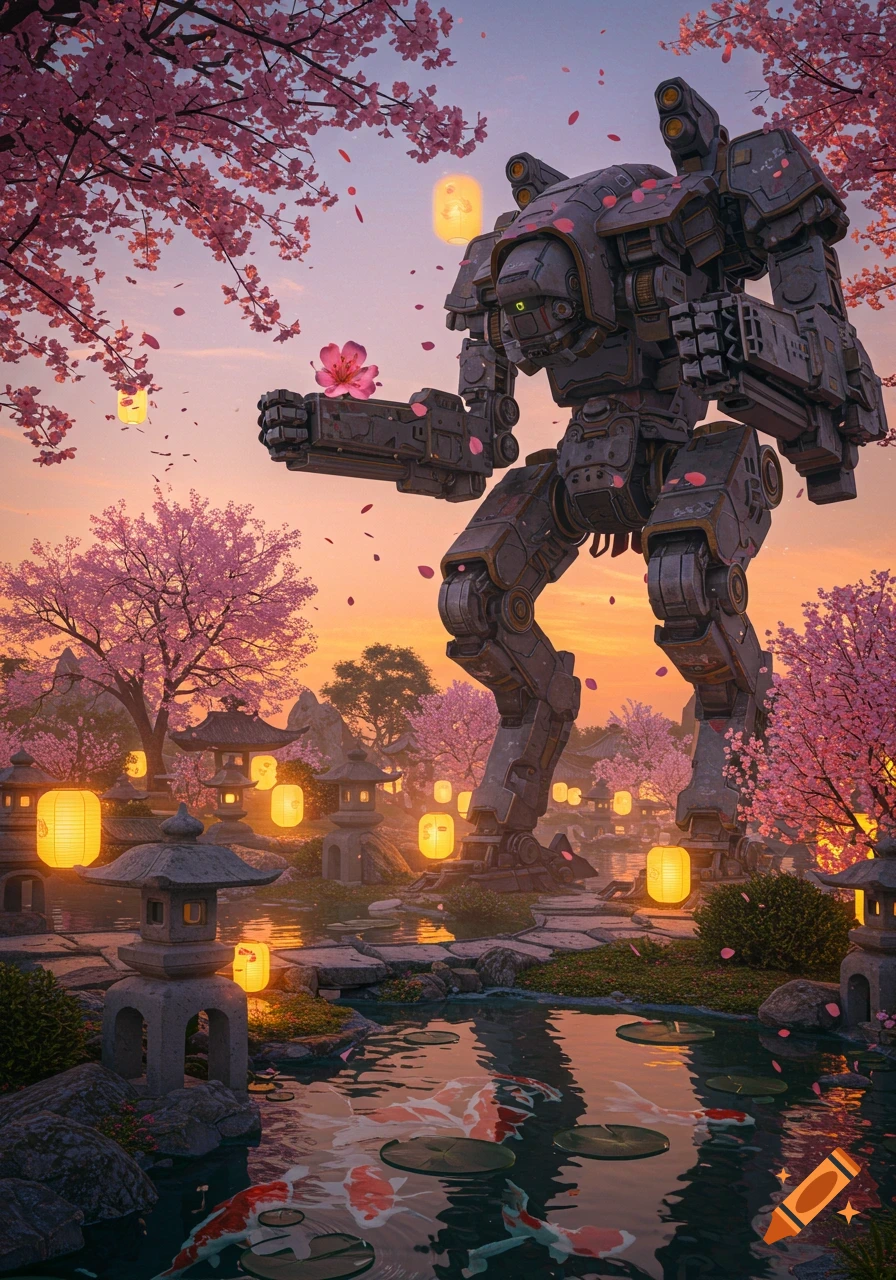 A giant mech gently holds a pink cherry blossom in a beautiful Japanese garden with koi fish, lanterns, and blooming trees at sunset.