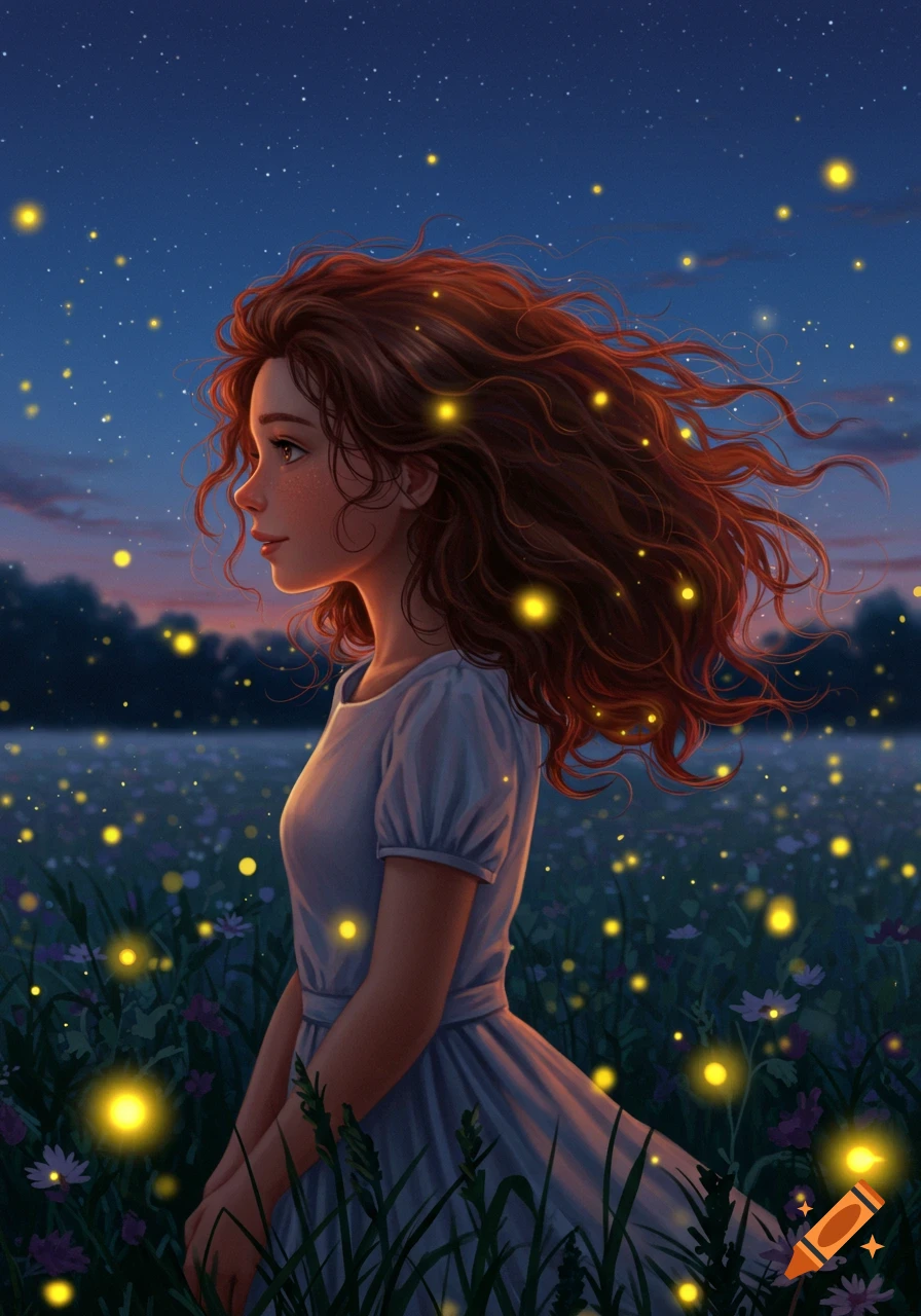 An illustration of a girl with long, curly brown hair standing in a field filled with glowing fireflies at dusk.