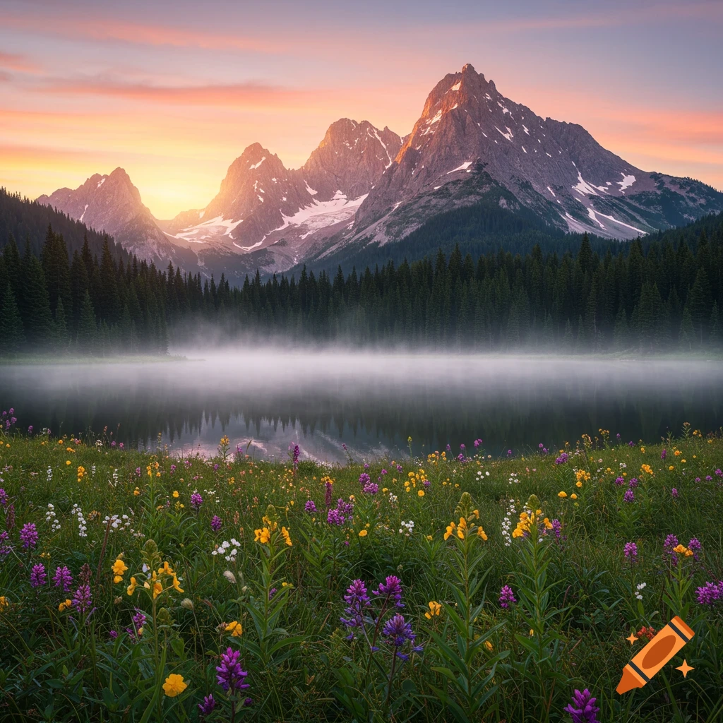 Photorealistic mountain lake at sunrise, with misty water reflecting snow-capped peaks and a field of colorful wildflowers.
