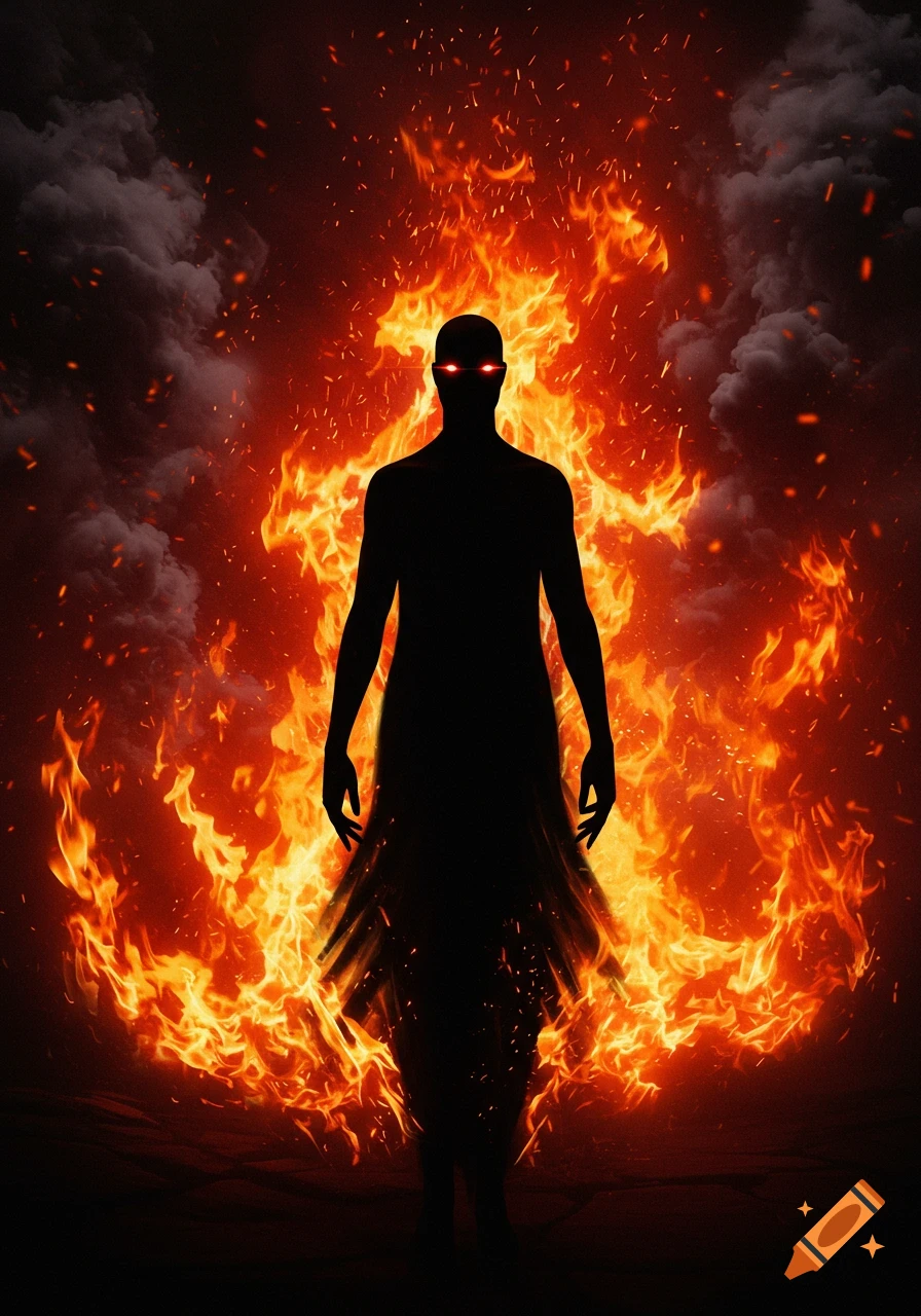 A dark silhouette of a tall figure with glowing red eyes stands amidst a fiery inferno and smoke.