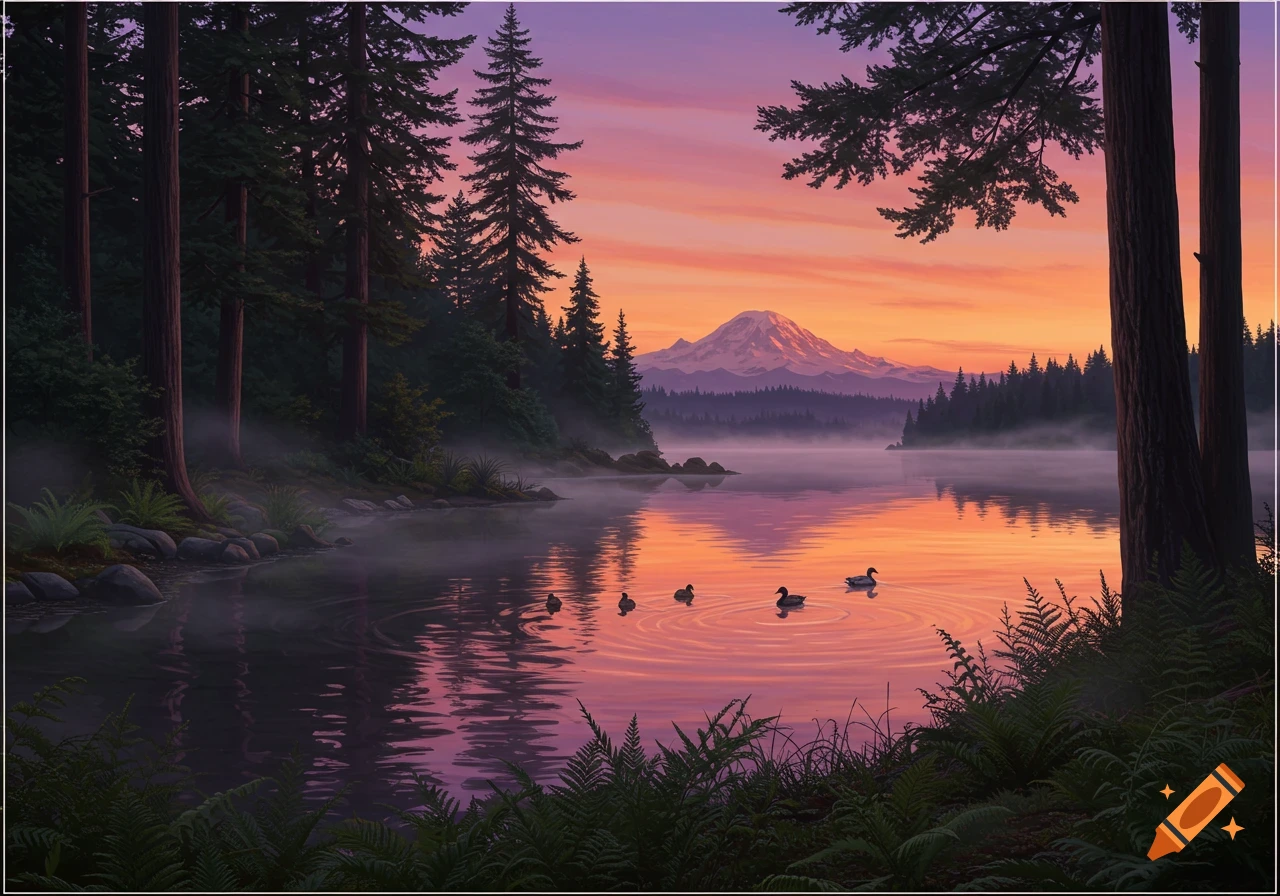 Stylized painting of a misty lake with ducks, pine trees, and a snow-capped mountain at sunrise.
