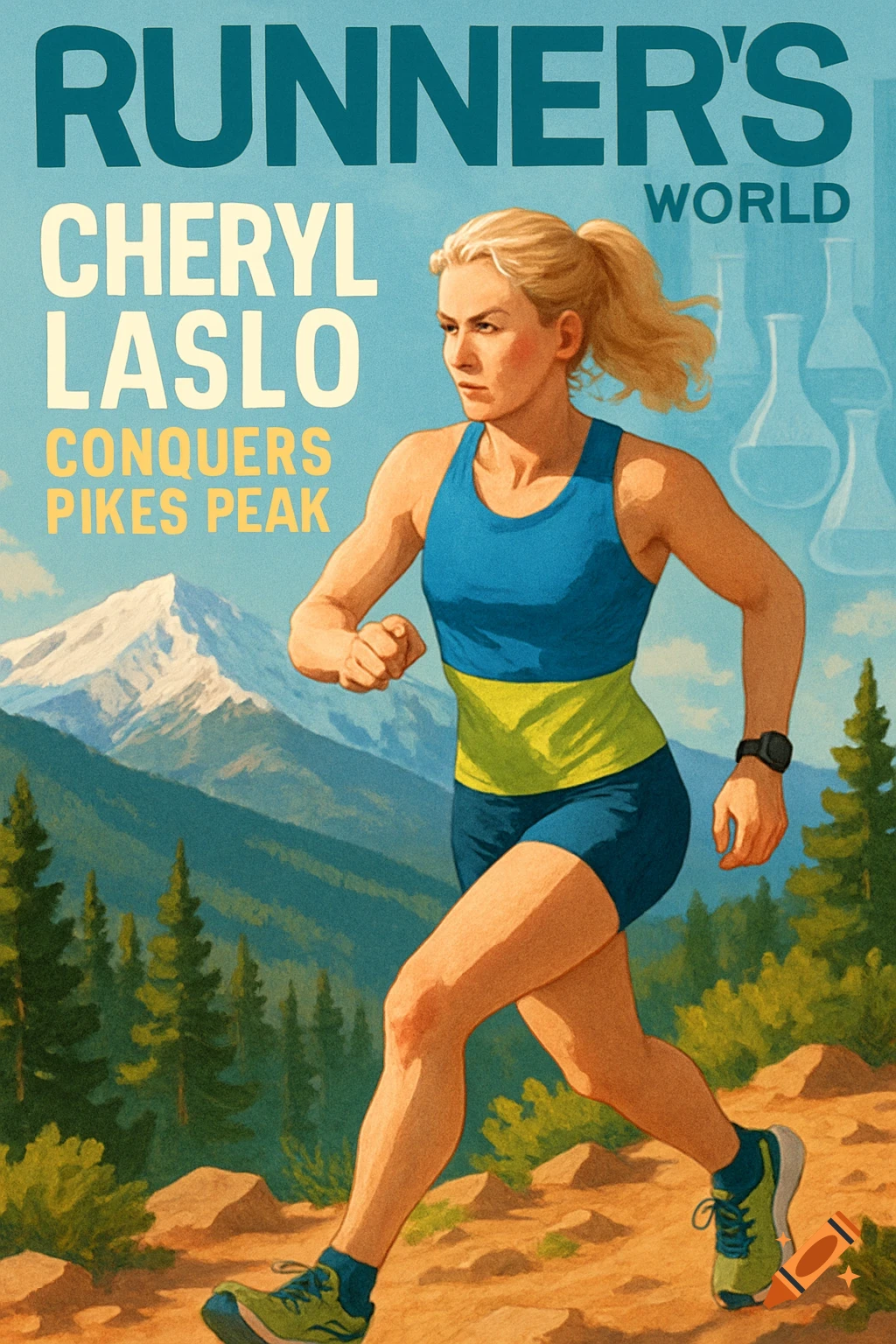A woman runs on a mountain trail on the cover of 'Runner's World' magazine, with text 'CHERYL LASLO CONQUERS PIKES PEAK'. The art style is illustrative with a mountain and forest background.