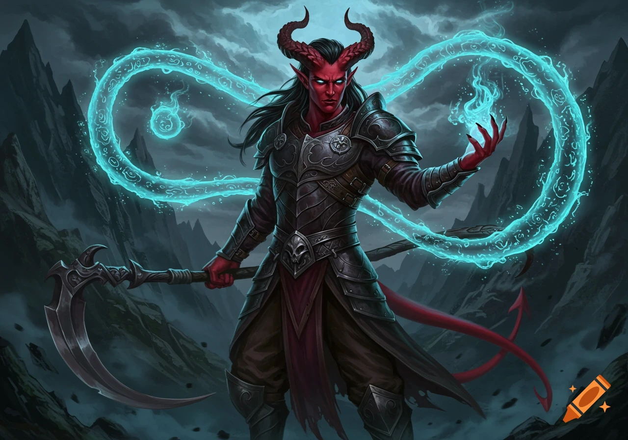 A red-skinned male tiefling warlock with horns and black hair, wearing black armor, holds a scythe and casts a glowing blue magic spell in a dark, mountainous landscape.