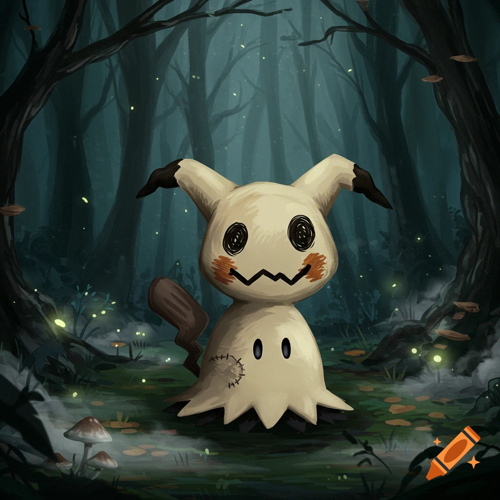 A digital painting of the Pokémon Mimikyu standing in a dark, misty forest with glowing fireflies and mushrooms.