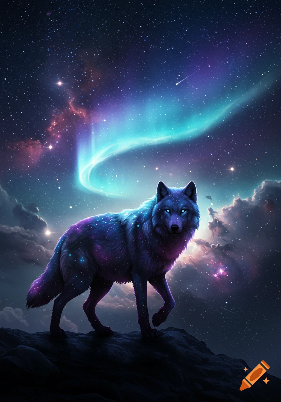A majestic cosmic wolf with glowing blue eyes and star-dusted fur stands on a dark peak under a swirling blue and purple aurora night sky.