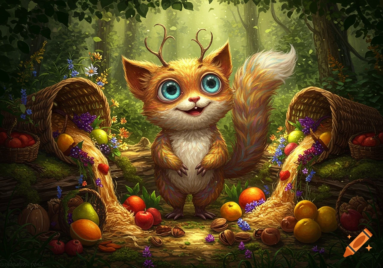 A vibrant, cute, big-eyed fantastical creature with antlers smiles in an enchanted forest with overflowing fruit baskets.