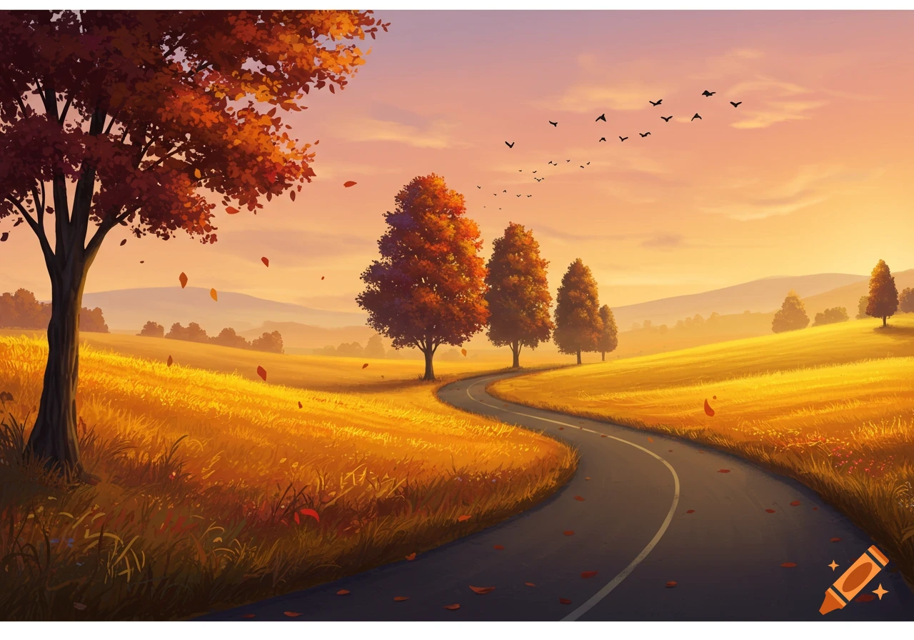 An autumnal landscape illustration with a winding road through golden fields, colorful trees, a sunset sky, and birds flying.