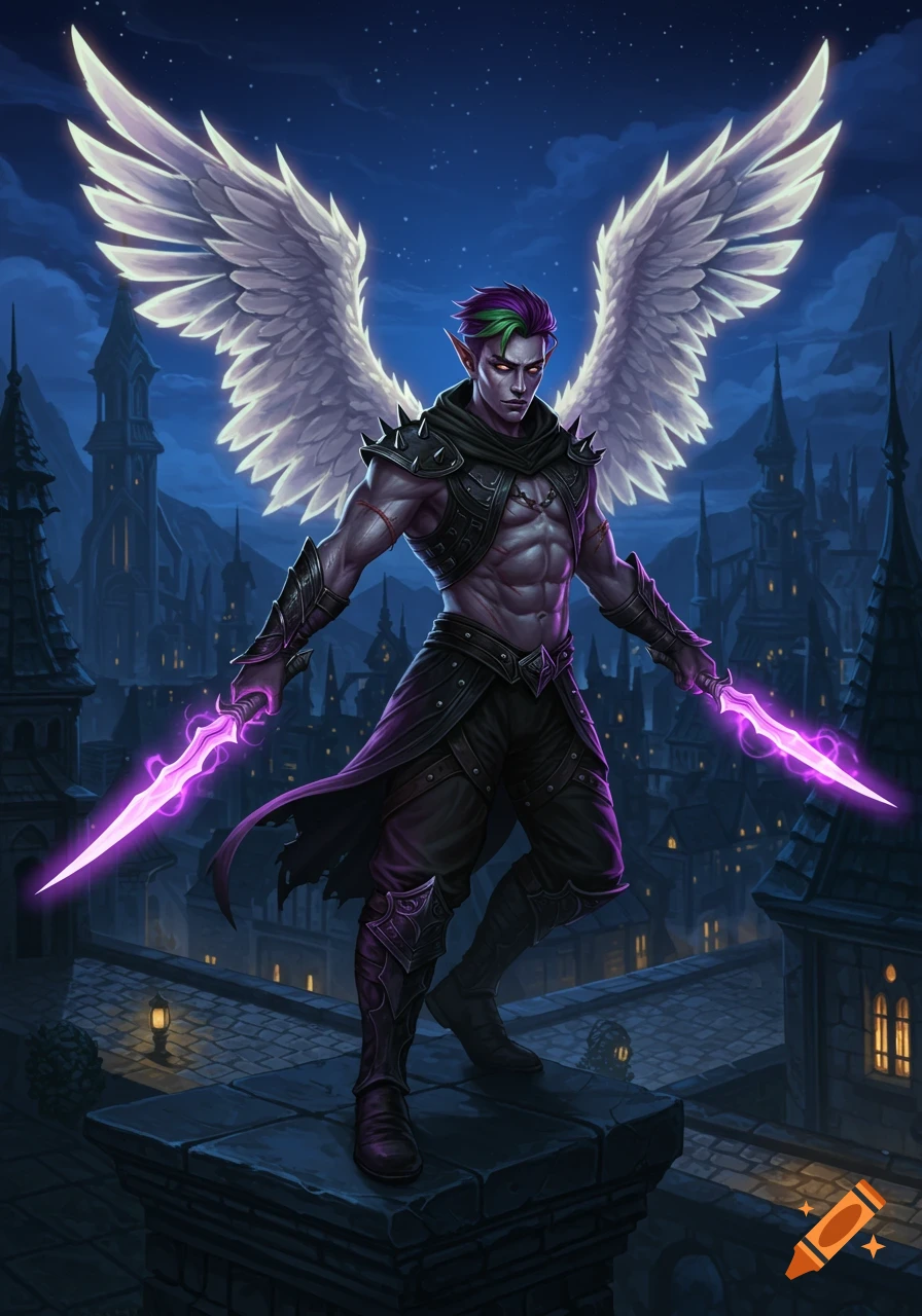 A winged male fantasy character with purple and green hair and glowing purple daggers stands on a rooftop overlooking a dark city at night, digital art.