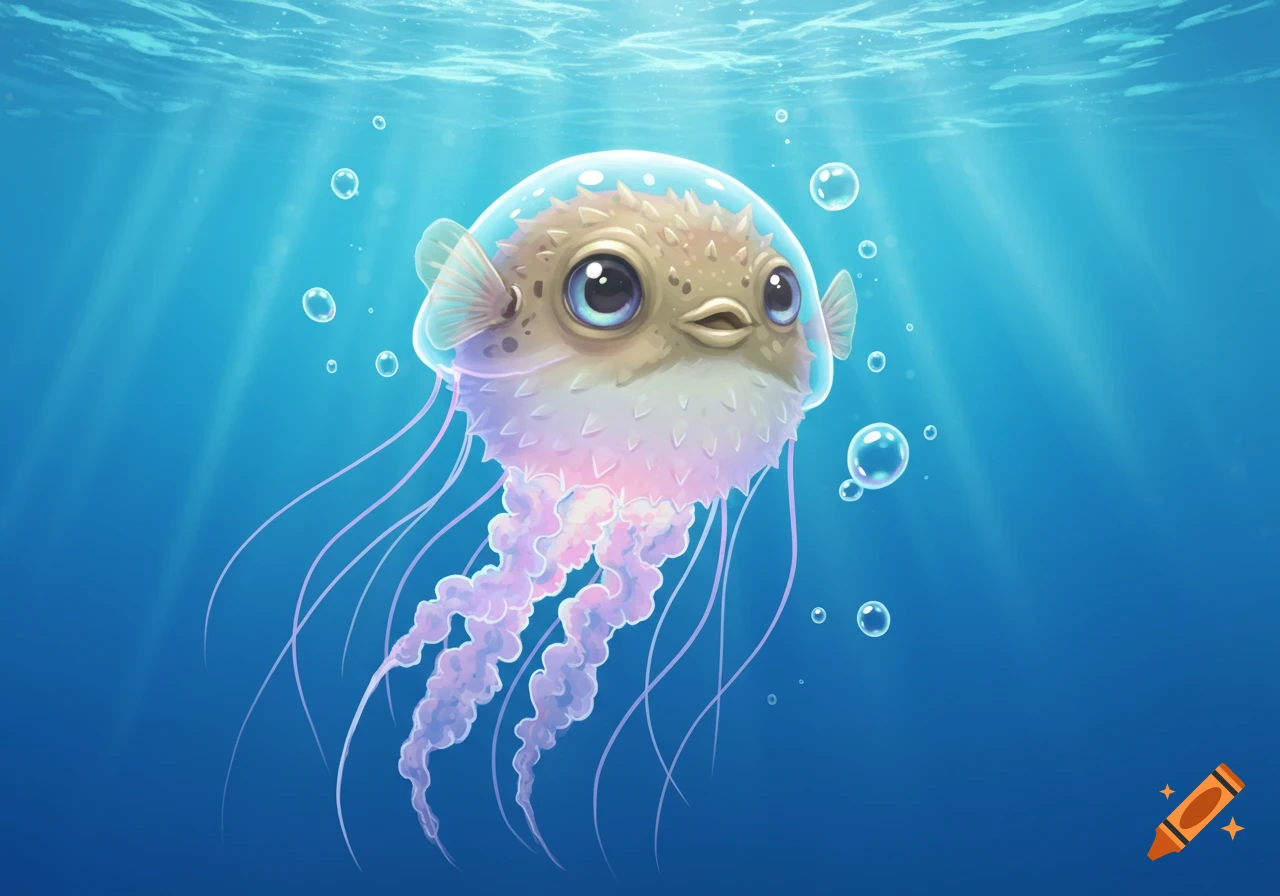 A cute, stylized hybrid of a pufferfish and a jellyfish with large eyes, swimming in blue water with sun rays and bubbles.