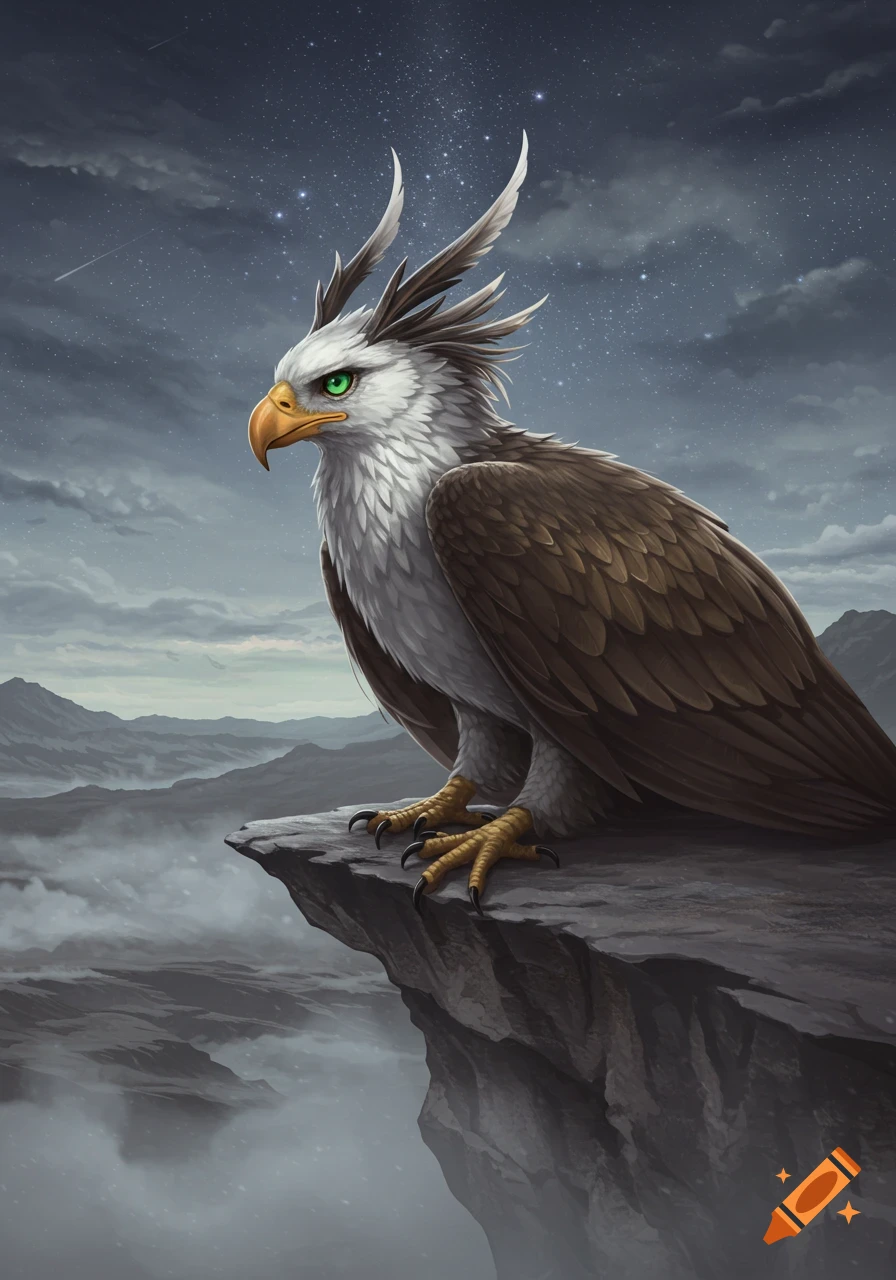 A majestic griffin with white and brown feathers and green eyes perches on a cliff overlooking a misty mountain range under a starry night sky. Digital art.