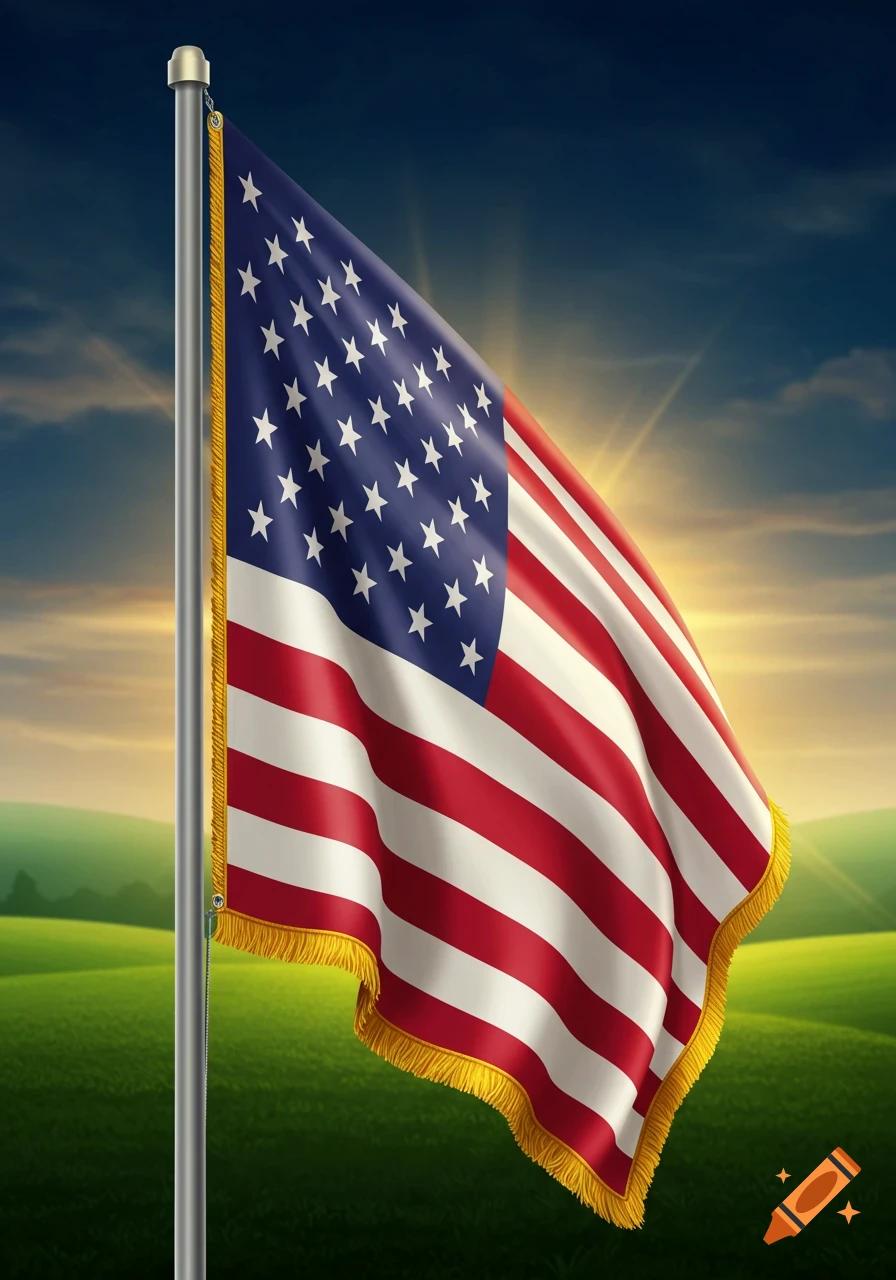 A photorealistic American flag with gold fringe, waving on a flagpole against a scenic sunset over green hills.