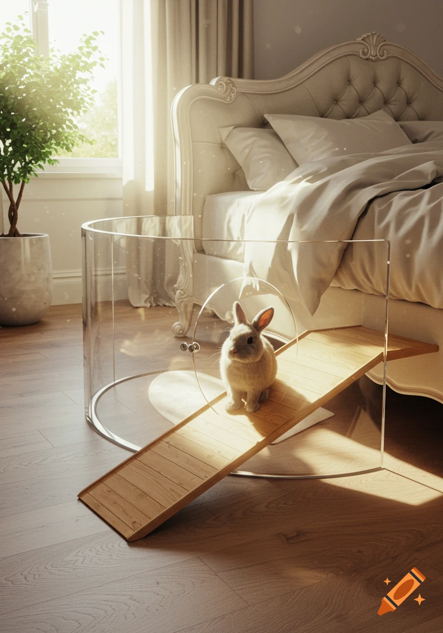 A fluffy brown bunny sits on a wooden ramp inside a clear acrylic enclosure next to a bed in a bright, sunlit bedroom.