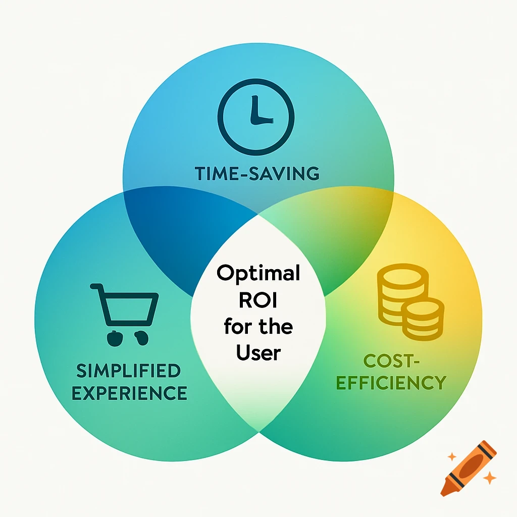 A Venn diagram illustrating optimal ROI for the user from time-saving, simplified experience, and cost-efficiency.