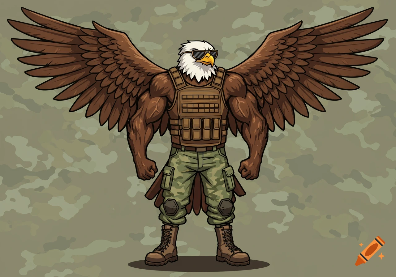 Muscular cartoon eagle in sunglasses, tactical vest, camo pants, and combat boots, against a camouflage background.
